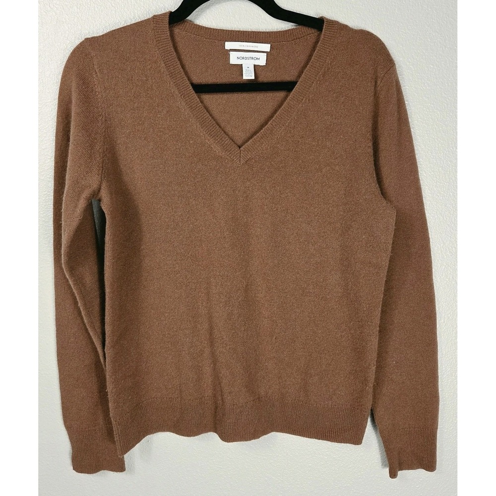 Nordstrom 100% Cashmere Sweater Medium Brown V-Neck Long Sleeve Lightweight Soft